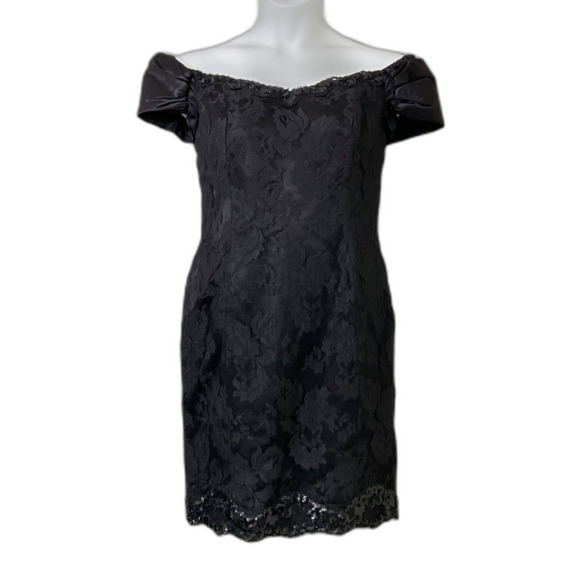 A.J. Bari Off Shoulder Cocktail Dress sz. 10 Black tie lace satin sequins VTG. - Picture 1 of 8